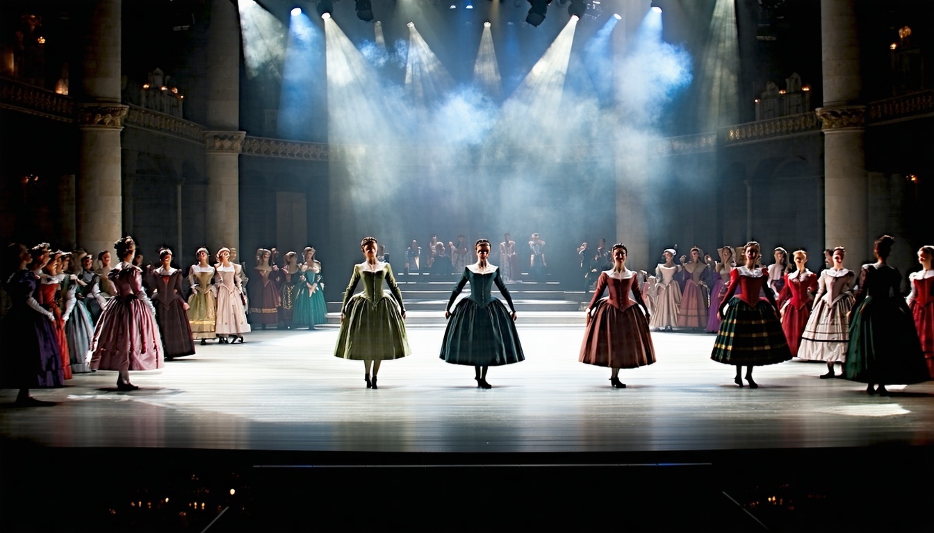 Actors performing in period costumes on a beautifully lit stage