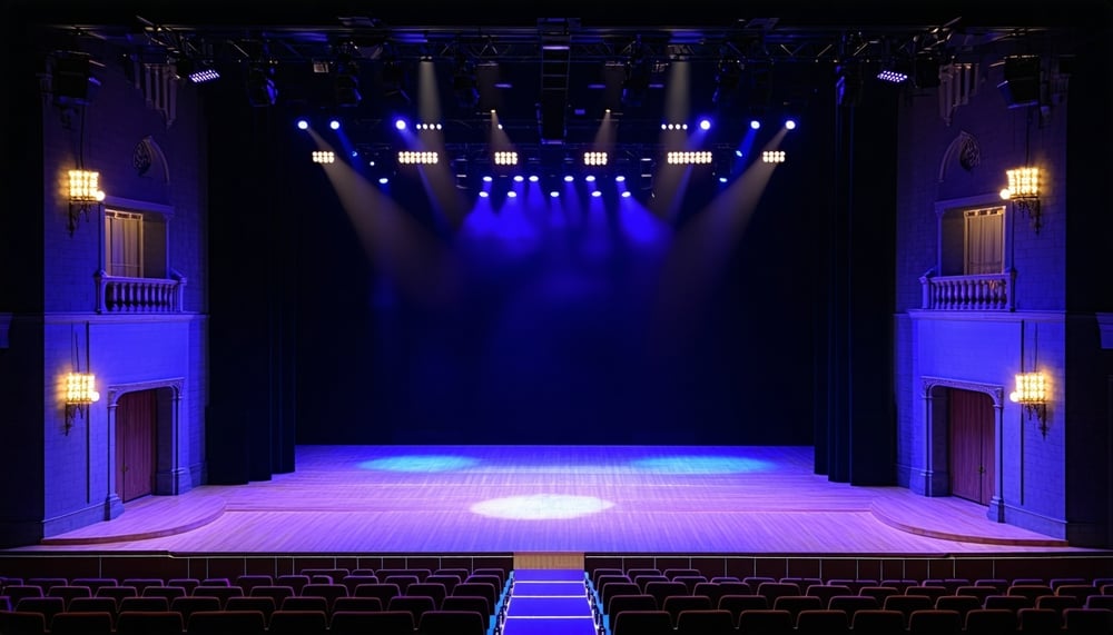 Theatre stage with dramatic lighting and set design