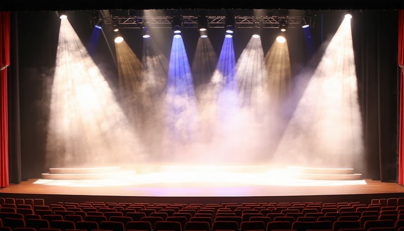 Theatre stage with dramatic lighting and set design